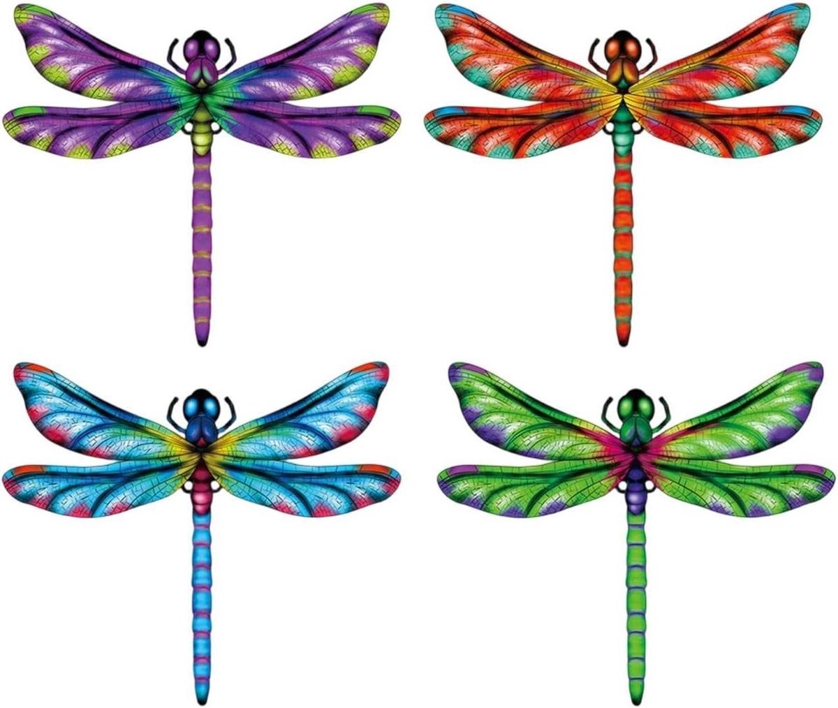 Metalen Libelle Decoratie - Tuindecoratie Metaal Libelle - Muur Verfraaien - Roestvrij Buiten Kunst - 22 x 19 cm - Kleurrijk