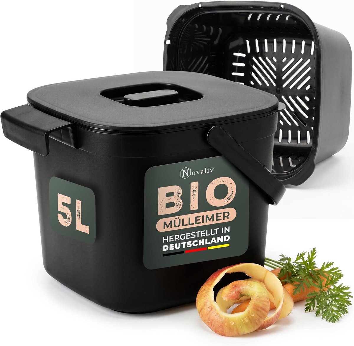 Compostemmer 5 liter - Zwart - 22 x 20,5 x 18 cm - Polypropyleen Biologische Afvalemmer met Zeef en Klapdeksel - Voor Keuken