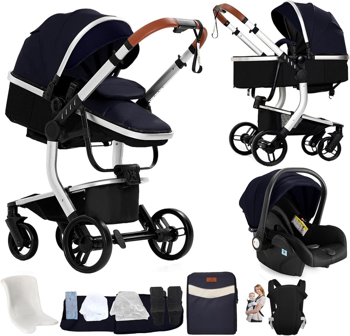 3-delige kinderwagen - Babywagen combi - Comfortabel reizen - Bidirectionele duwrichting - 4 wielen - Zilverblauw