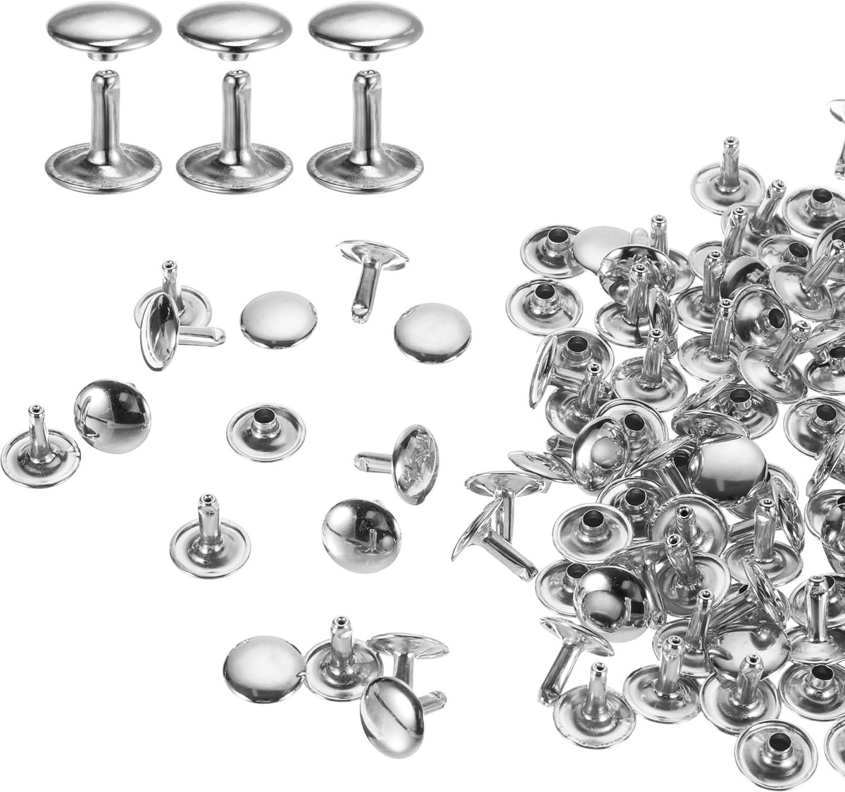 Set van 100 ronde leren nieten 12 x 12 mm - zilver