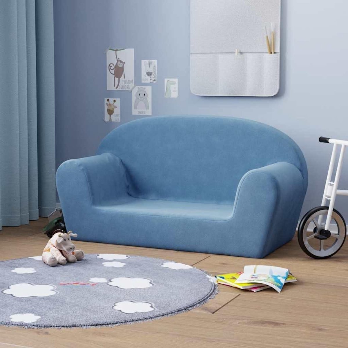 Kinderbank - Peuterbank - Kinderkamer Inrichten - Zacht Pluche Materiaal - 84 x 34 x 45 cm - Blauw
