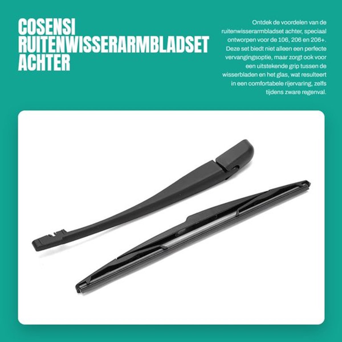 Ruitenwisserarmbladset Achter - Compatibel met 106/206/206+ - Grafietgecoat Blad - Hoge Treksterkte - Geruisloze Werking - Goede Pasvorm - Ruitenwisser