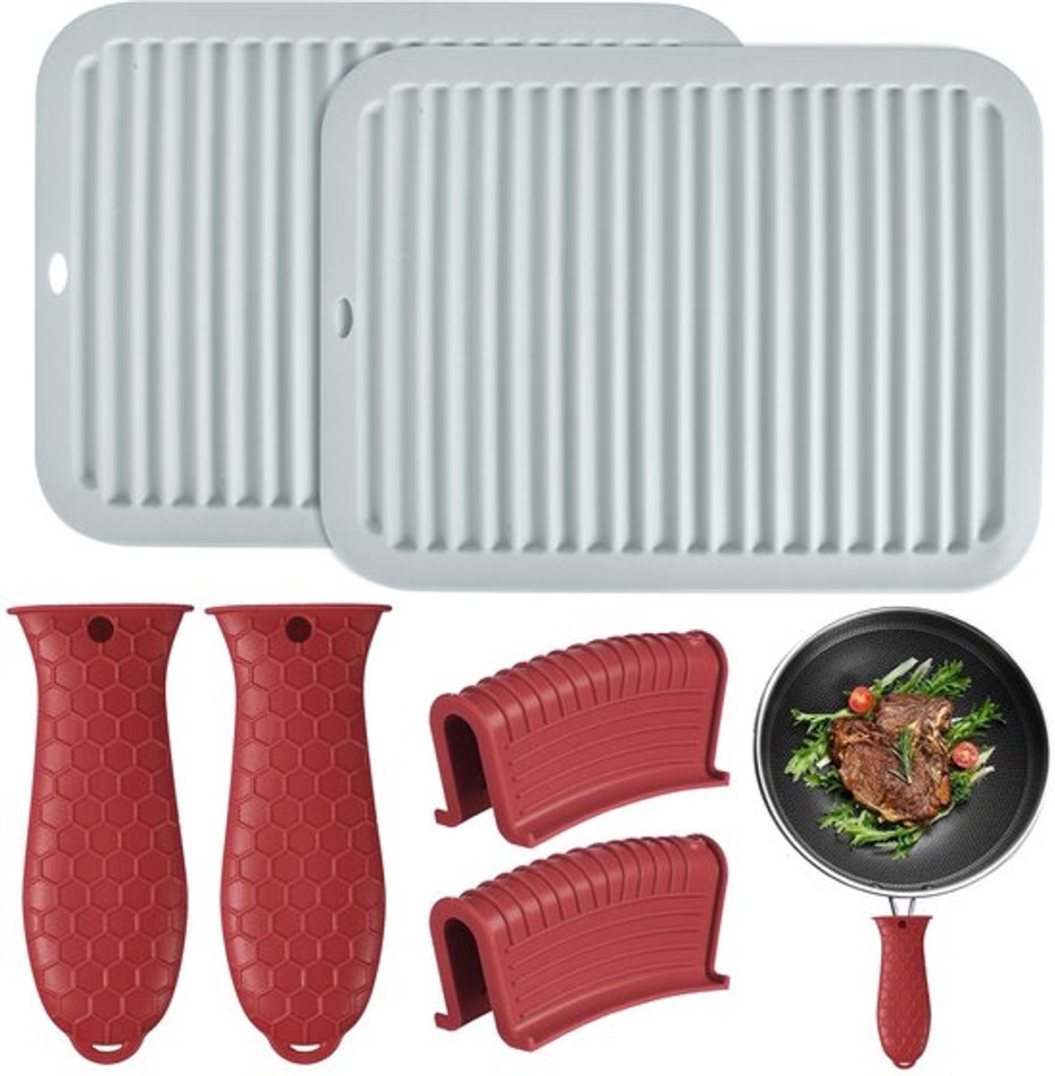 Keukenset 6-delig - 2 Antislip Handvat Houder - 2 Pannenlappen - 2 Hulpgrepen - Silicone - Vaatwasmachinebestendig - Keukenaccessoires