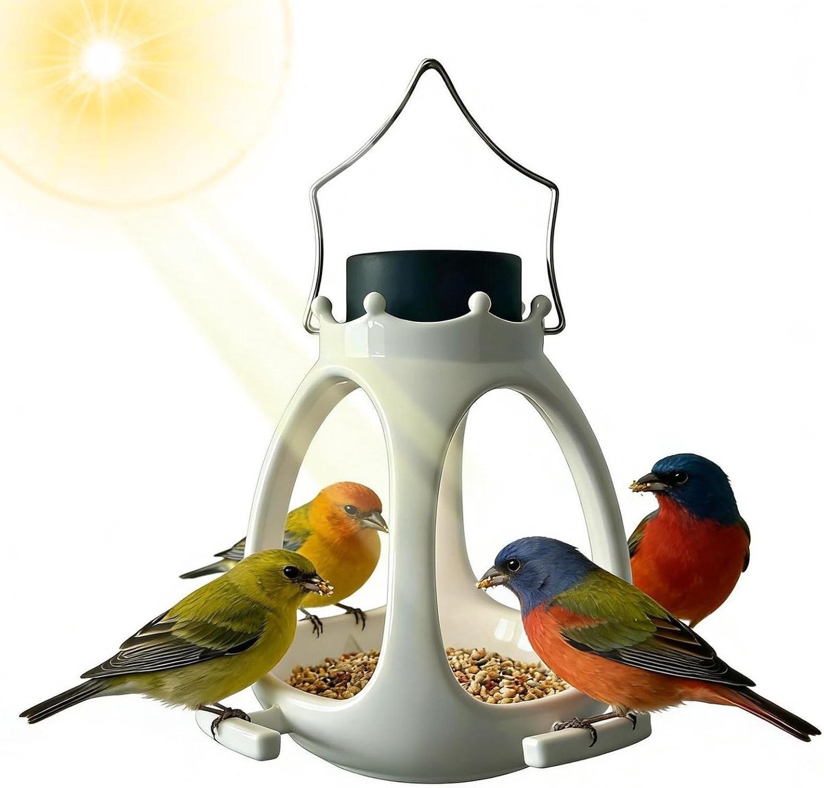 Vogelhuisje op zonne-energie - Voederstation Voederbak - Vogels voeren - Automatische verlichting - 15 x 15 x 20 cm - Wit
