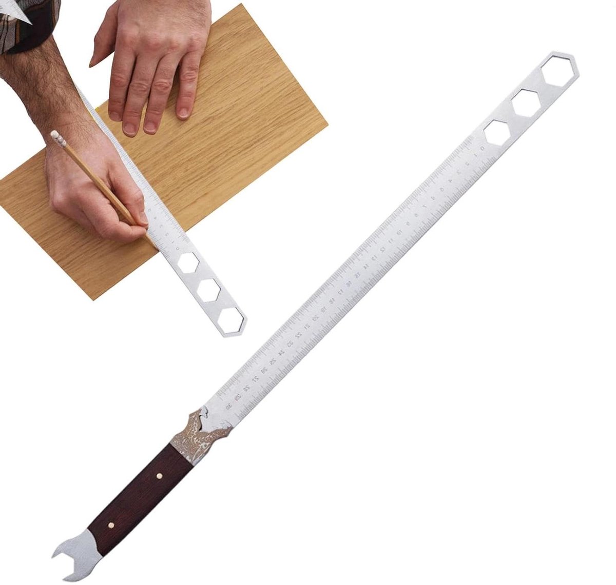 Stalen Liniaal - Meetliniaal Rechthoek - Nauwkeurig Meten - Met Moersleutelfunctie - 60 cm - Zilver