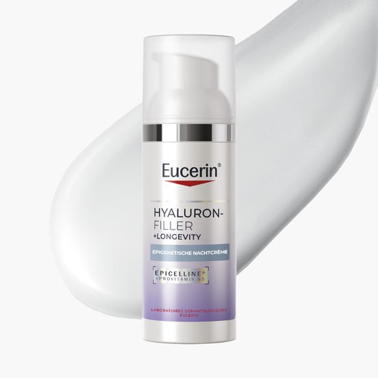 Flesje Eucerin Hyaluron-Filler + Longevity Epigenetische Nachtcrème met een witte crèmeveeg.