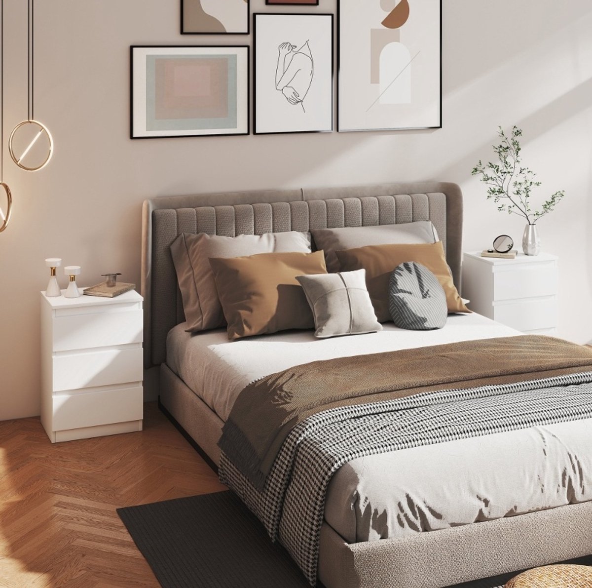 Nachtkastje Set van 2 met 3 lades – 40 x 30 x 59,5 cm – MDF – Wit – Bedtafel voor slaapkamer