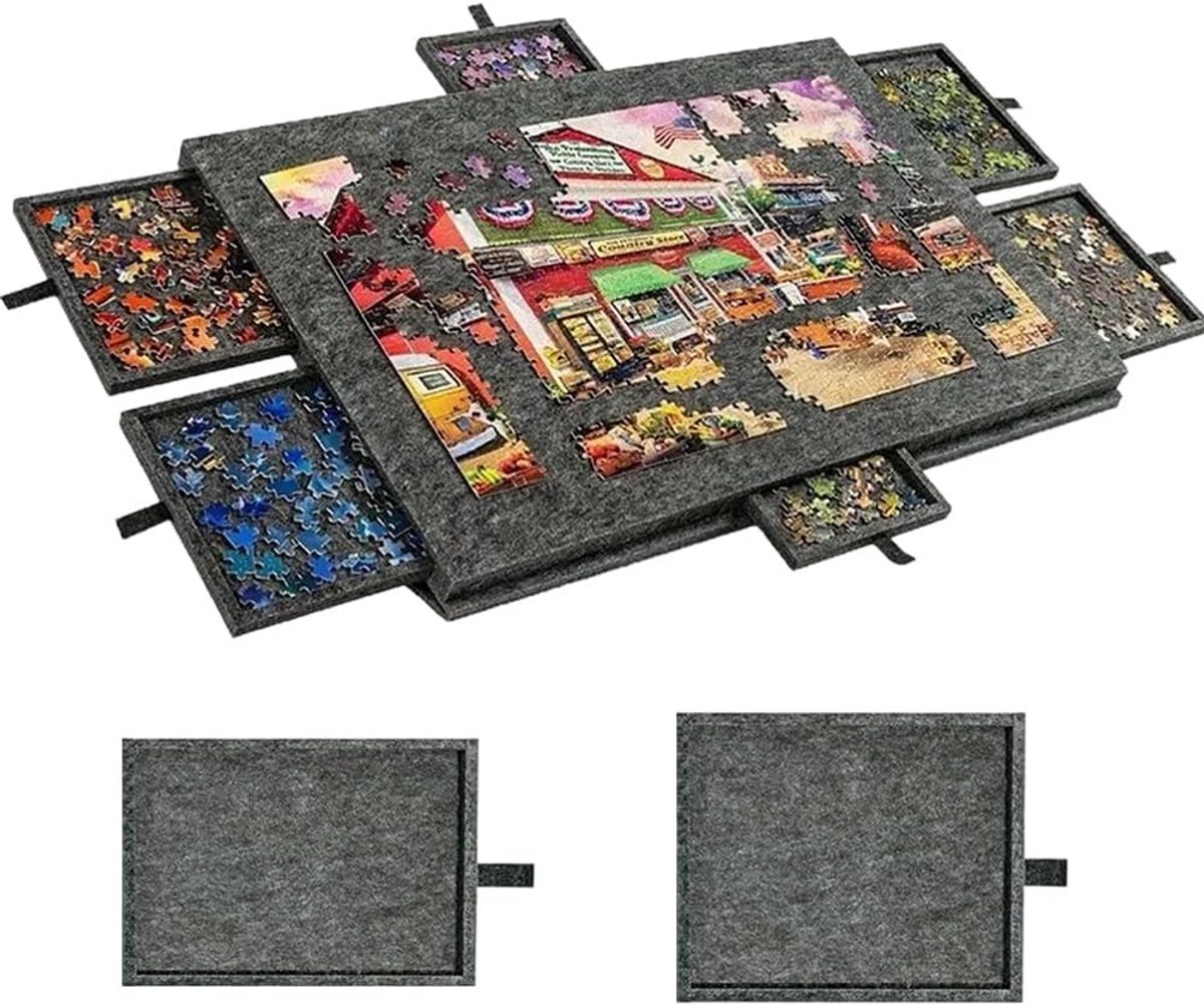 Puzzeltafel - Sesamzwart - 52 x 77 cm - Licht Vilten Puzzeltableau met 6 Laden - Voor Puzzels tot 1000 Stukjes