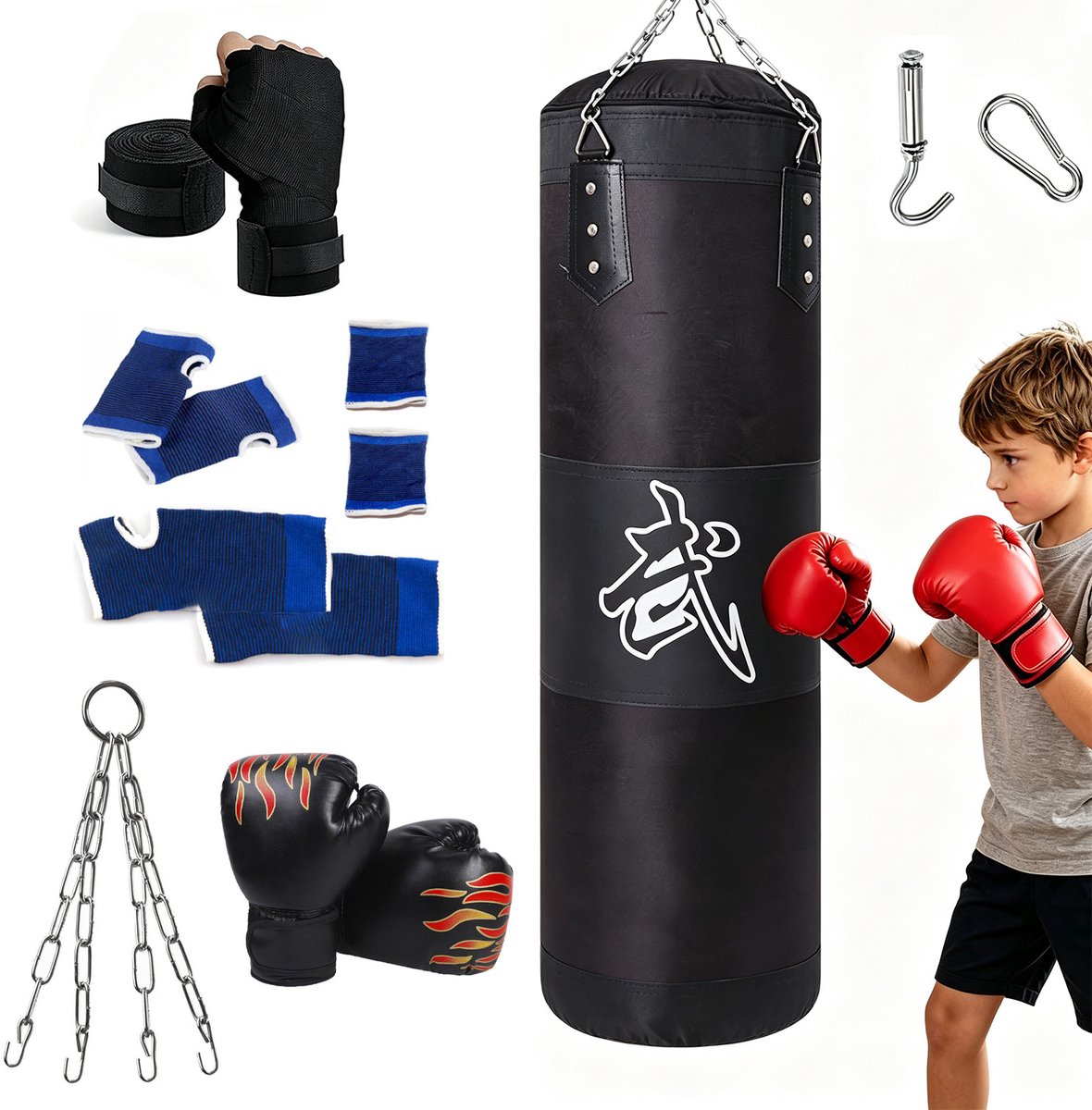 Hangende Bokszak Set - Boxing Bag - Boksset Voor Kinderen & Volwassen - Boksbal - 119 cm - Canvas - Fitness en Stress - met Handschoenen & Accessoires - Invulbaar Ontwerp - Voor Boksen Training en MMA - Thuis en Sportschool