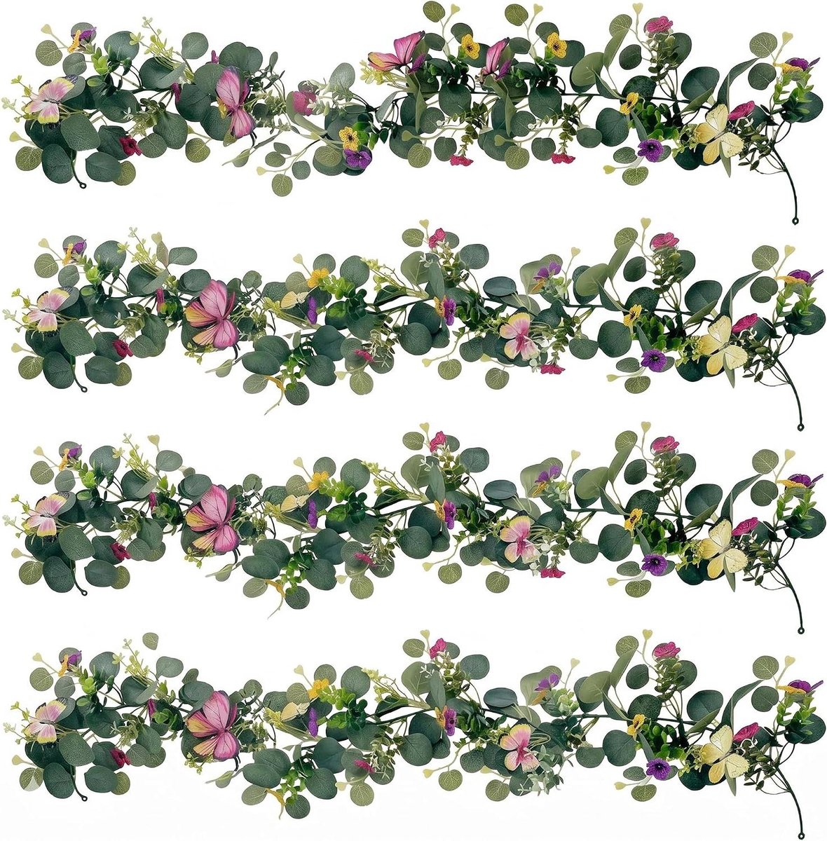 Kunstmatige Eucalyptus Slingers - Nep Eucalyptus Slang - Decoratie Ophangen - Met Witte Bloemen - 4 stuks 1.73 m - Groen