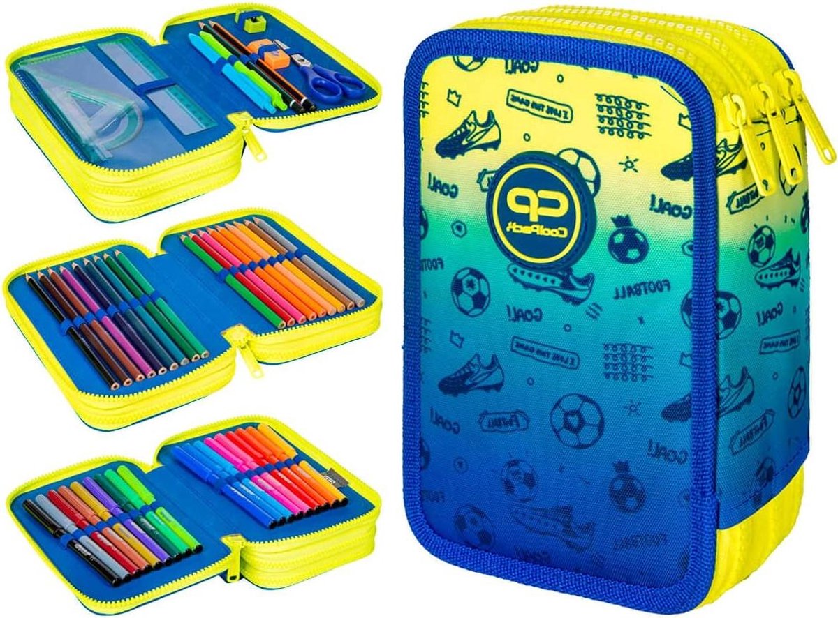 Etui met 3 Vakken - Pennendoos School - Schoolspullen Organiseren - Waterafstotend Polyester - 44 Delen - Voetbal