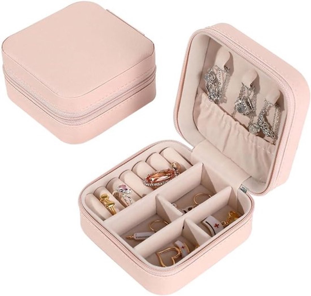 Draagbare Sieradenbox voor Vrouwen - Mini Organiser van PU Leer voor Ringen, Oorbellen, Armbanden en Kettingen (Zwart/Blauw/Roze)