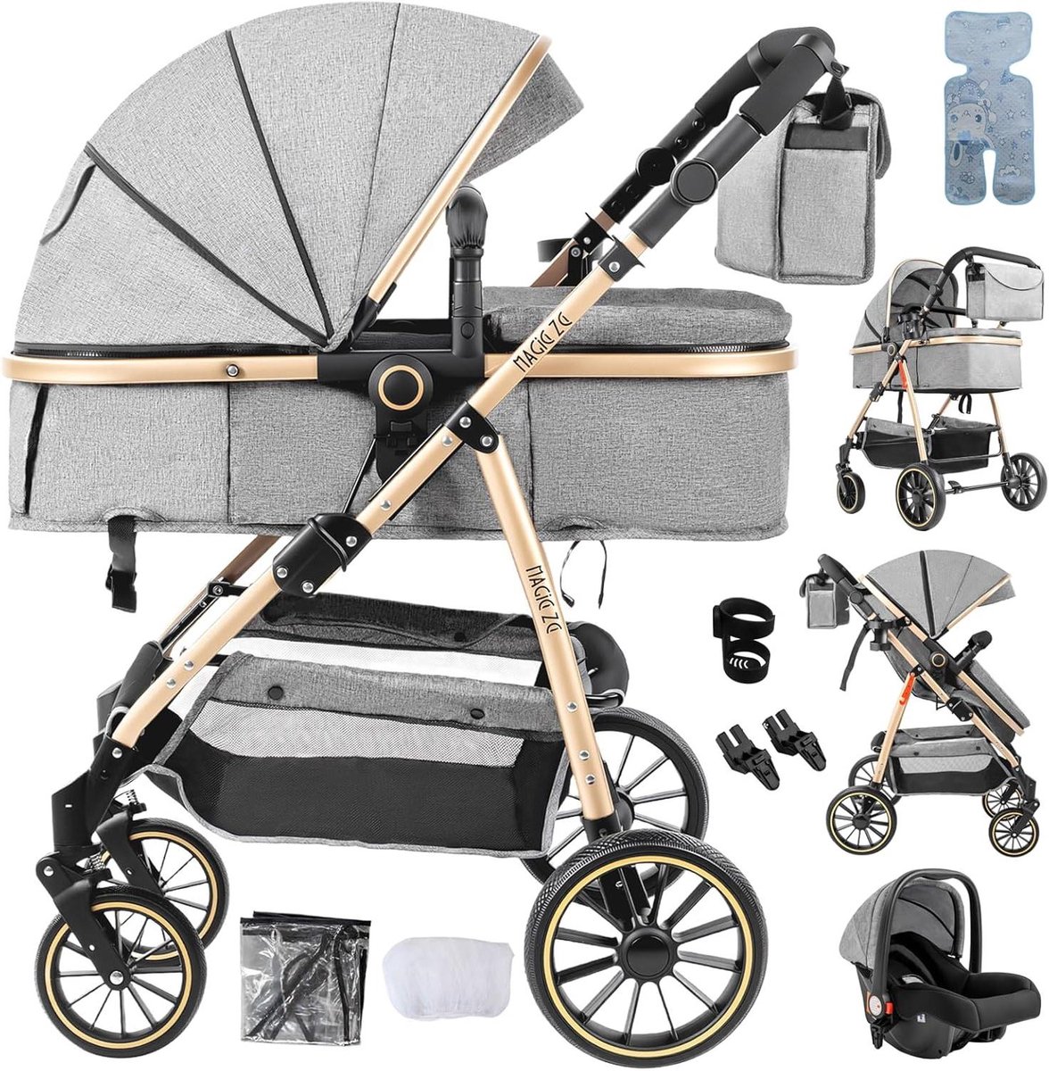 3-delige Kinderwagen - Reiswieg Kinderwagen - Baby Vervoeren - Omkeerbare Duwrichting - 88 x 58 x 100 cm - Grijs