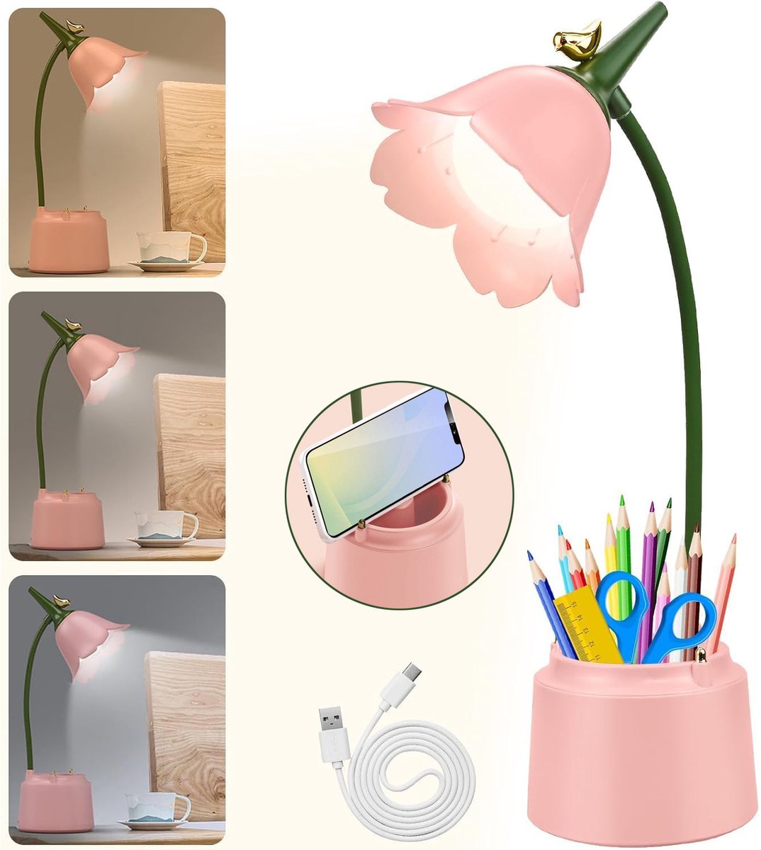 Led-Bureaulamp In De Vorm Van Een Bloem - Oplaadbare Schattige Tafellamp - Leeslamp Met 3 Kleurstanden - Nachtlampje Voor Kinderen