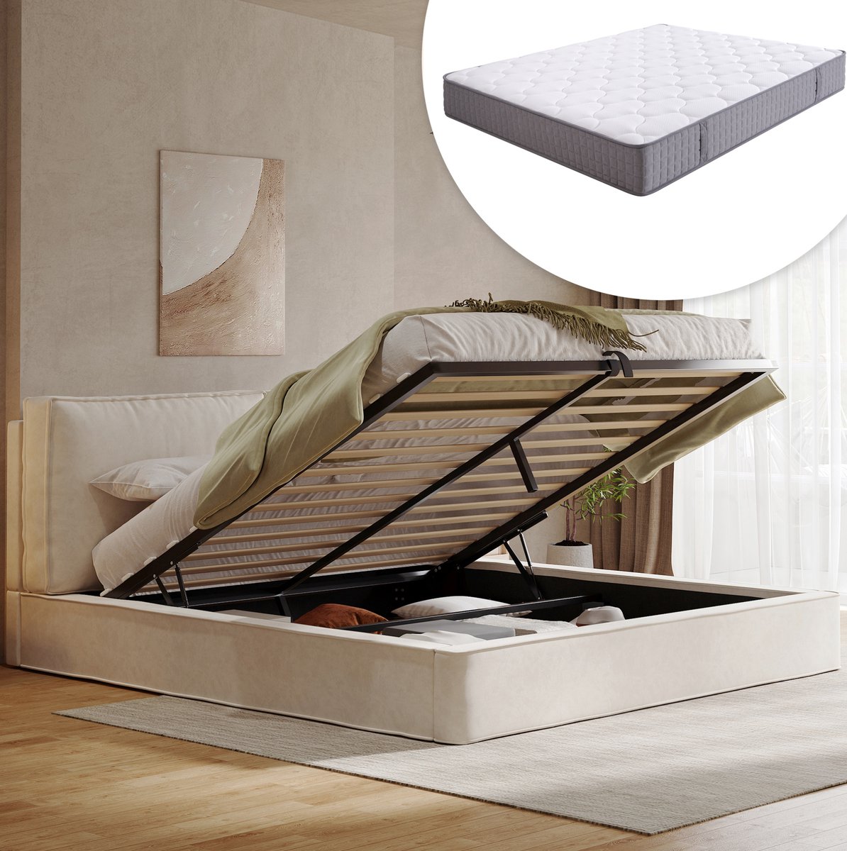 Wishdor Tweepersoonsbed 180x200 cm - Hydraulisch opbergbed - Lattenbodem - Hoofdsteun - Chenille - Beige - 231 x 194 x 105 cm