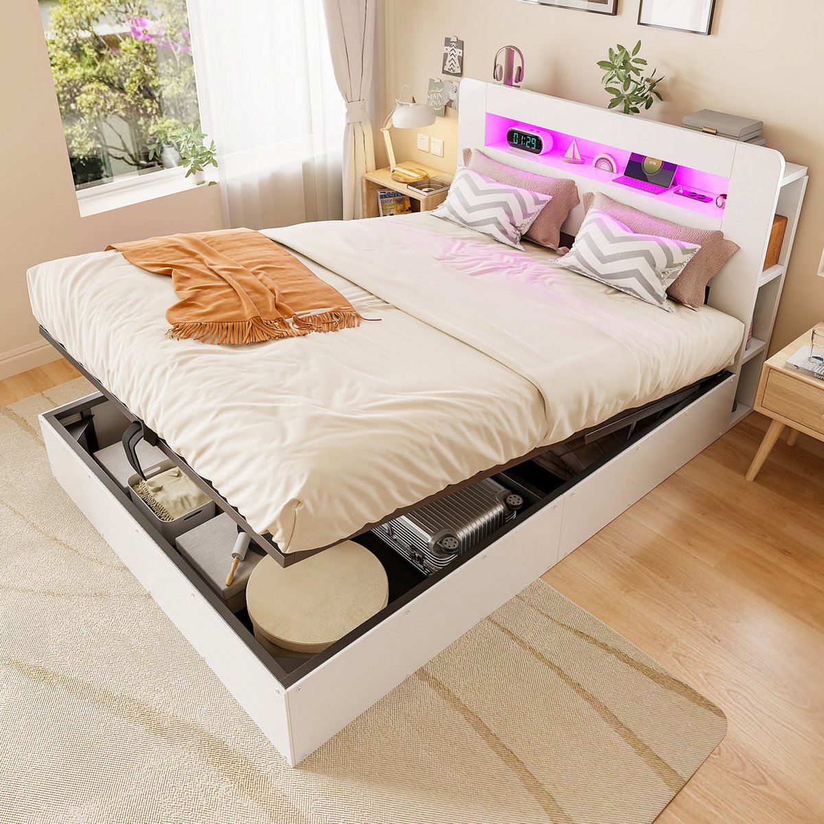 Wishdor Bedframe met opbergruimte - hydraulisch liftmechanisme - led hoofdbord - stekkerdozen - hout - wit - 140 x 200 cm