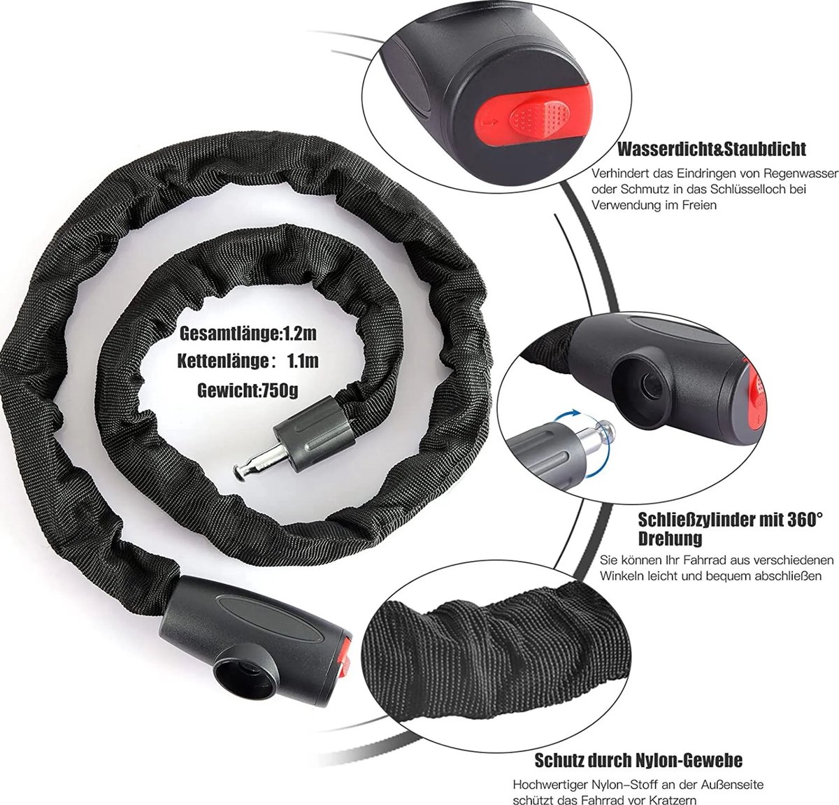 Een fietsslot Geschikt voor sleutel, een 120 cm lang, extra veilig fietsslot Geschikt voor ketting, gemaakt van 6 mm gehard staal, Geschikt voor een waterdichte hoes, Geschikt voor fietsen, motorfietsen en scooters.