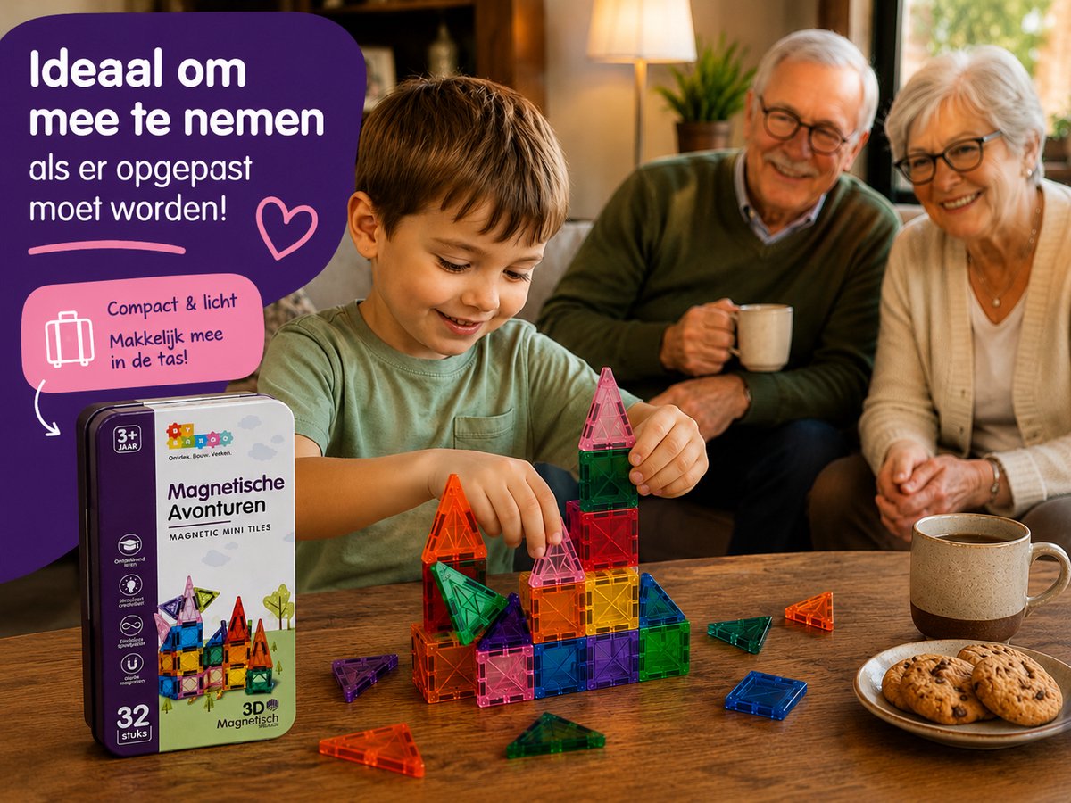 By Baboo® Magnetic Tiles Mini 32 Stuks Reisset + 100 Bouw-Challenges - Travelset - Reisspeelgoed Magnetische Tegels Blokken Cadeau Jongens Meisjes - Montessori Educatief Kinderspeelgoed 3 Jaar, 4 jaar, 5 jaar, 6 jaar, 7 jaar, 8 jaar, 9 jaar — afbeelding 4