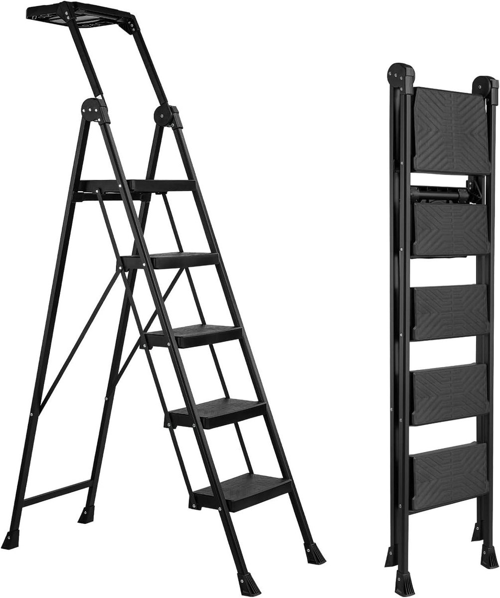 Opvouwbare trap - Huishoudladder 5 treden - Veilig klussen - Met gereedschapsplank - Tot 200 kg - Staal