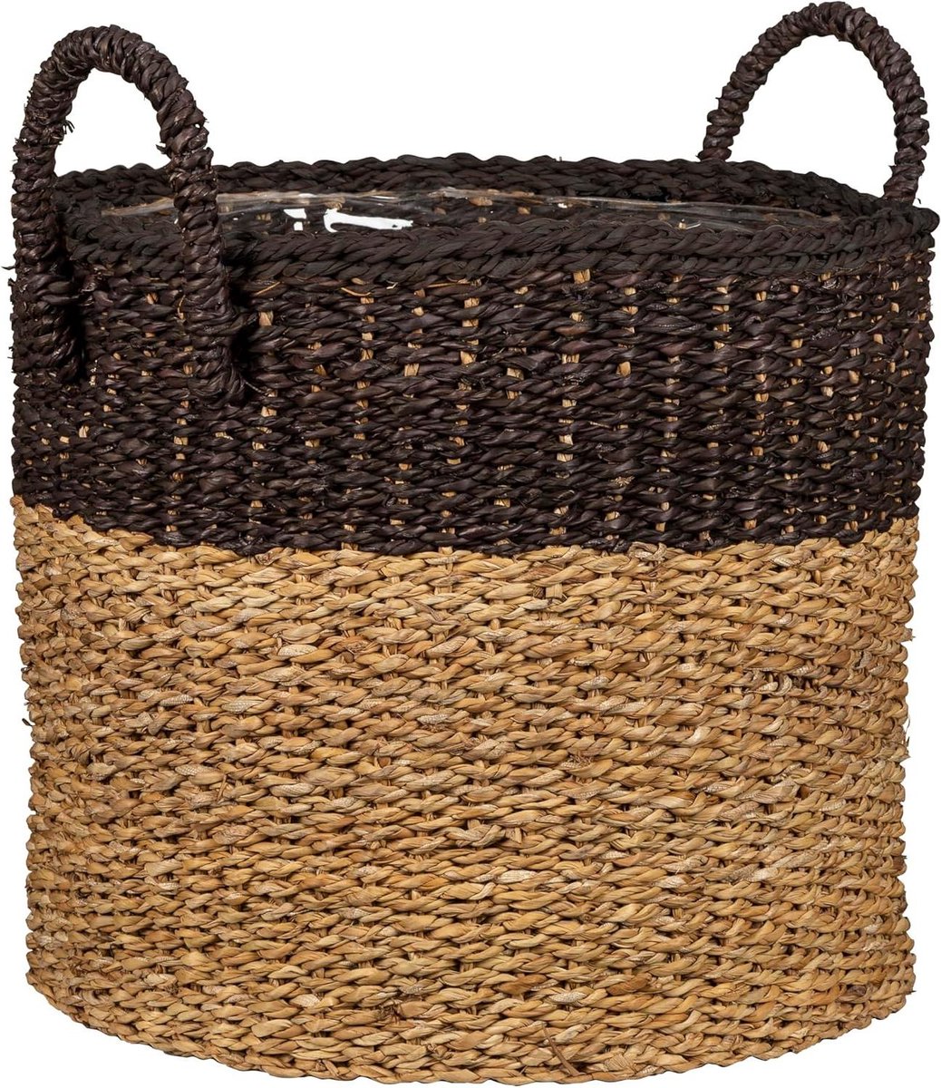 Zeegras mand - Plantenbak mand - Woonkamer decoratie - Handgevlochten uniek - 28 cm diameter - Bruin