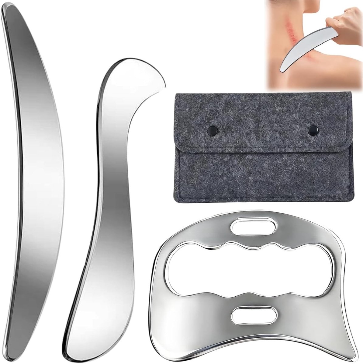 Gua Sha gezichtsmassage set van 3 stuks roestvrij staal, ideaal voor huidverzorging en ontspanning