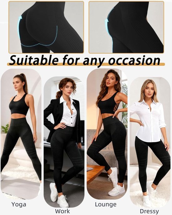 Collage van een vrouw in zwarte naadloze legging voor yoga, werk, lounge en een nette outfit. Toont veelzijdigheid.