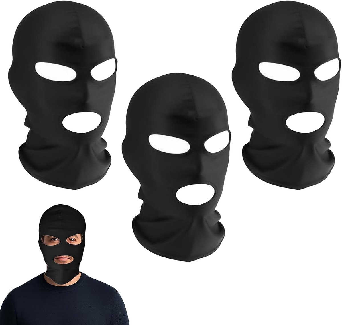3-Pack Zwarte Balaclava met 3 Gaten voor Dames en Heren - Winddichte Dunne Ski Masker voor Motorfiets, Fietsen en Jagen - Volledige Gezichtsbedekking voor Koud Weer en Wintersport
