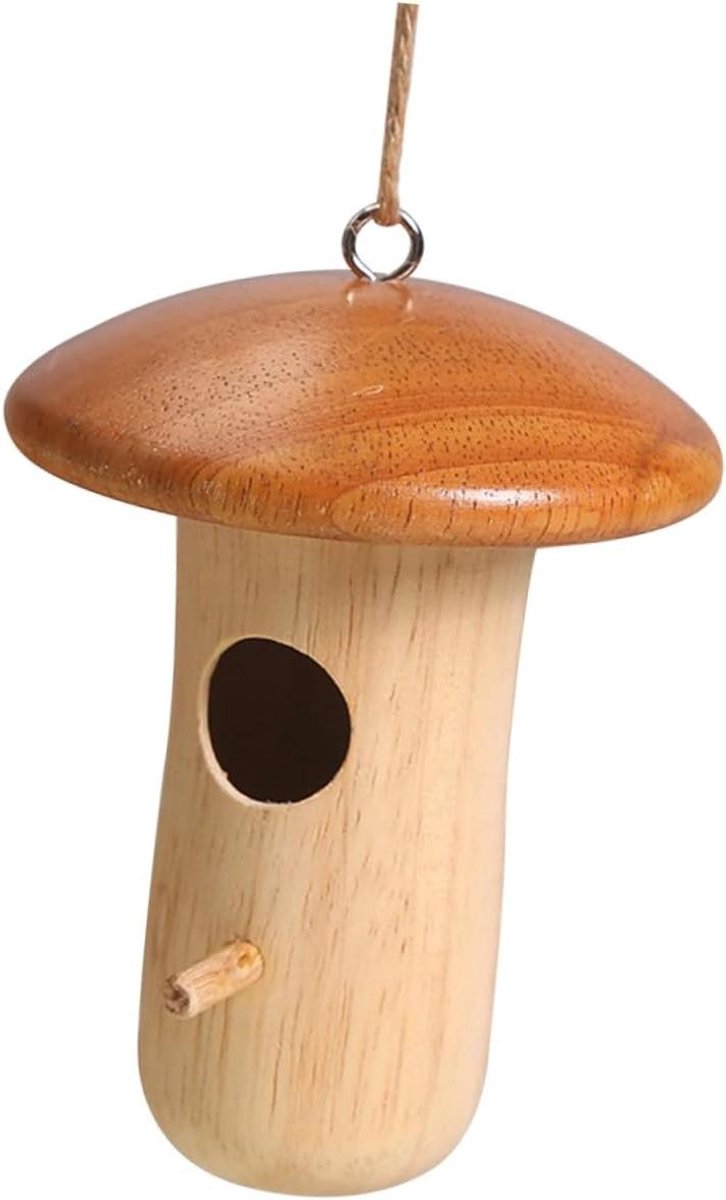 Houten Vogelvoederhuisje - Vogelvoeder Buiten - Vogels Voeren - Paddenstoelvormig Design - 13.5 x 6 x 6 cm - Multi