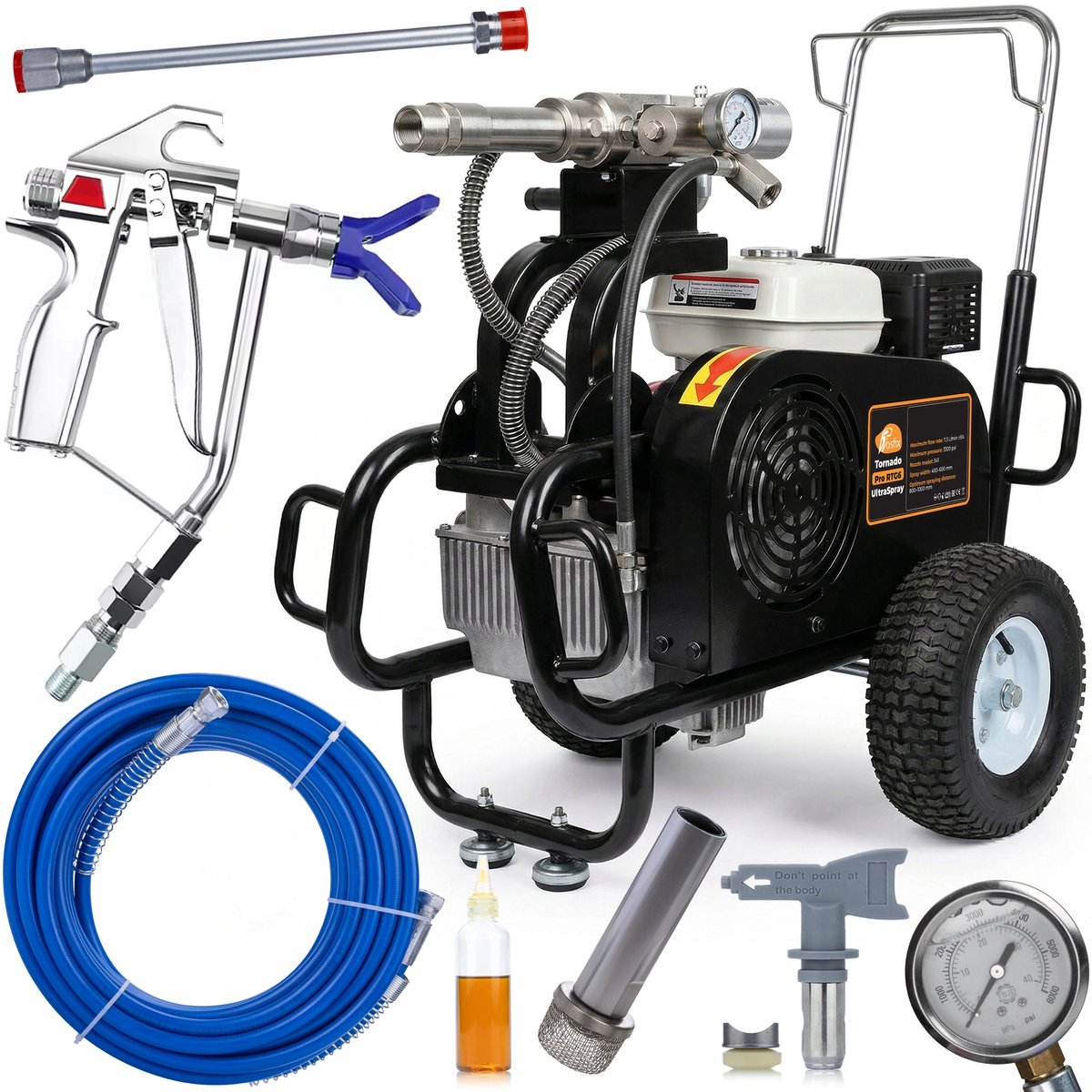 Rosfix Tornado Pro RTG6 UltraSpray - Profesjonalny agregat malarski spalinowy | 6.6 KM | 7.3 L/min | 3300 PSI | Wąż 15 m 3/8" | Dysza 241 | Pistolet + lanca 50 cm
