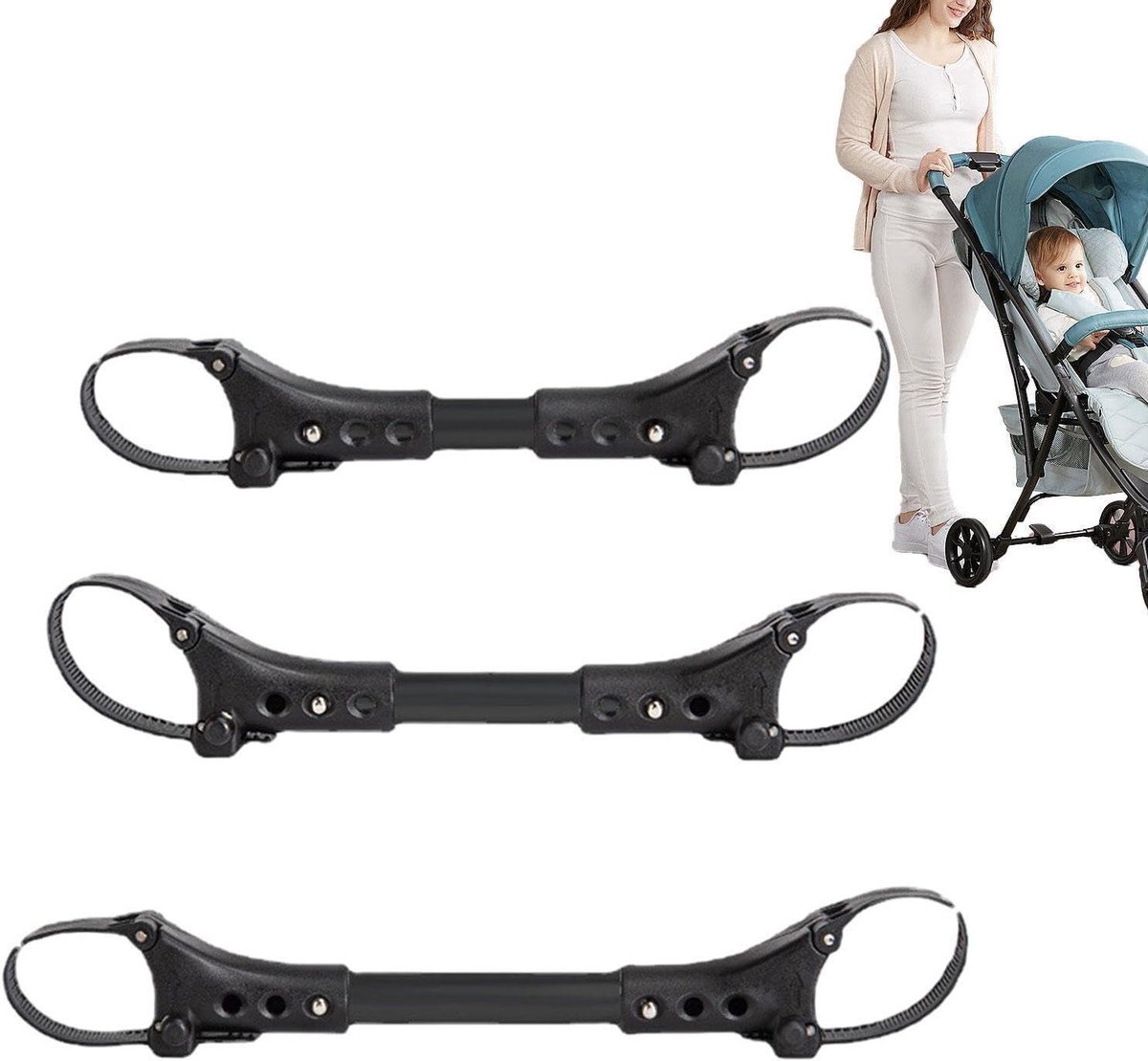 Kinderwagenaansluiting Tweeling - Dubbele Kinderwagen Koppeling - Reizen met Twee Baby's - Verstelbare Lengte - 3 Stuks - Zwart