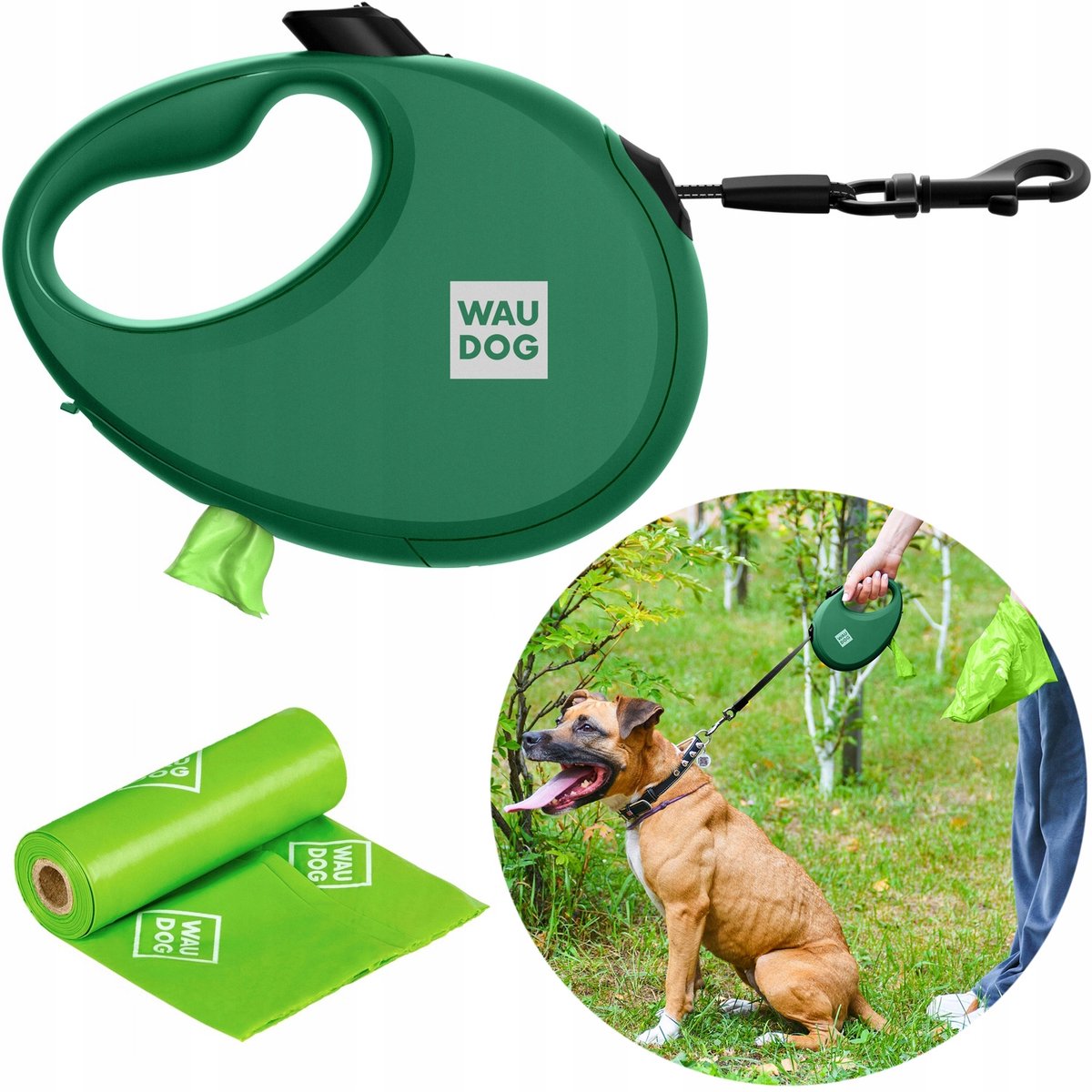 WAUDOG R-leash: Automatische Hondenhalsband met Poepzakhouder & Reflectie, L, 40kg
