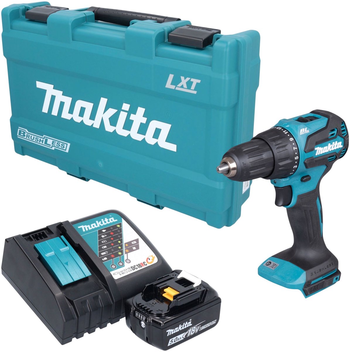 Makita DHP 490 RT1K accu-slagboormachine 18 V 65 Nm borstelloos + 1x accu 5,0 Ah + oplader + koffer
