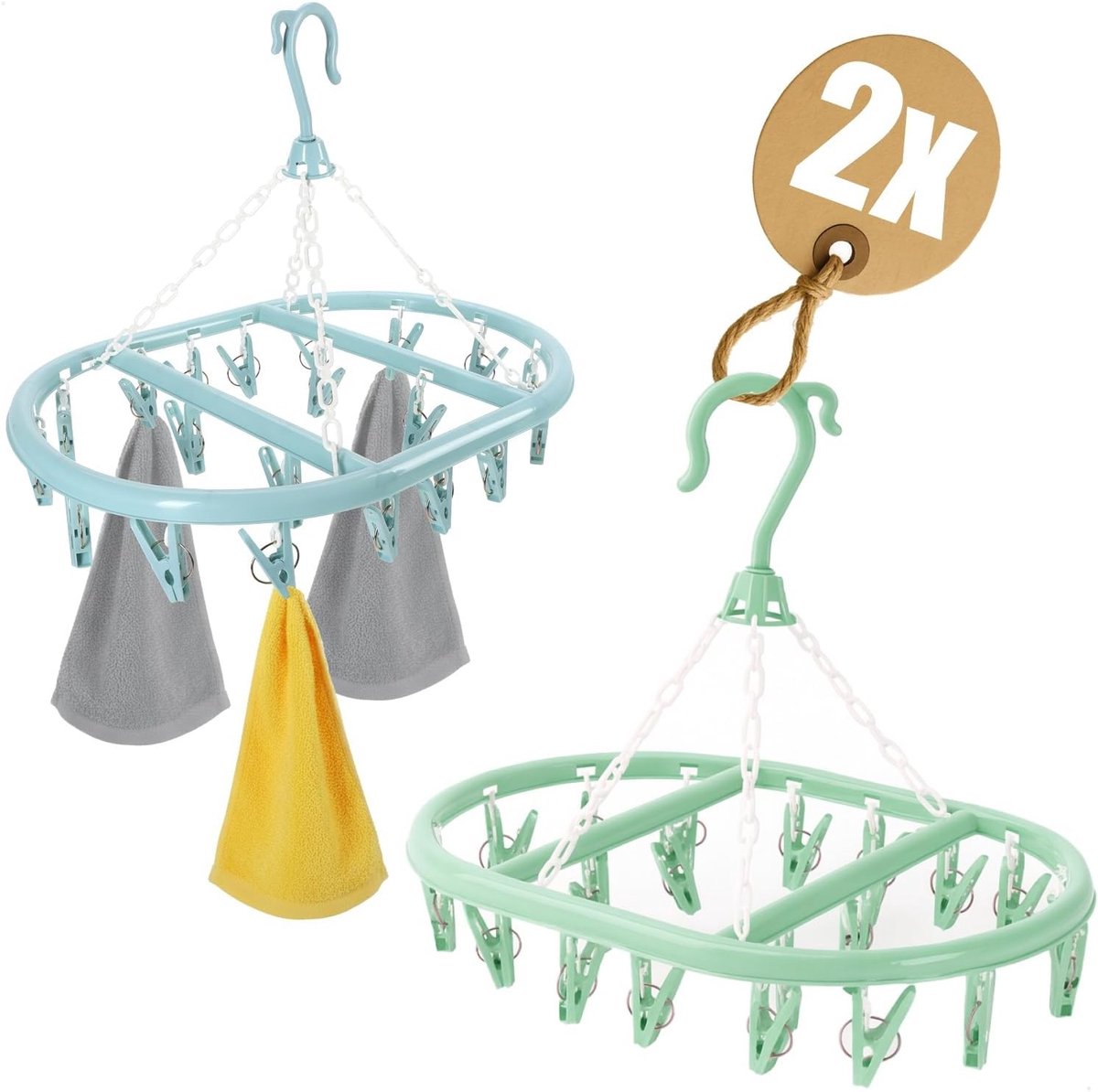 Inklapbare droogmolen - Pastelmix - 2 stuks - Mini hangdroger met 20 knijpers - Voor kleine kledingstukken