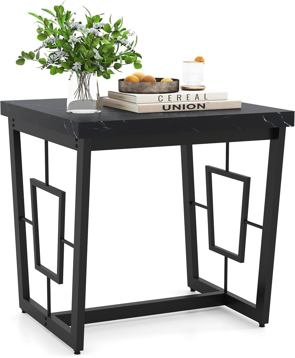 COSTWAY Bijzettafel vierkant, kleine salontafel met marmerlook & metalen frame, nachtkastje met H-vormige basis, modern design, mini tafel voor slaapkamer en woonkamer, Zwart (1)