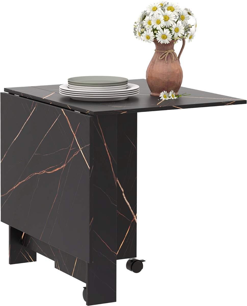 Opvouwbare keukentafel/eettafel – voorzien van 2 uitklapbare tafelvleugels – 2 wieltjes met rem – geschikt voor 6 personen – draagvermogen 20 kg – afmetingen 120 x 80 x 73 cm – imitatie zwart marmerpatroon