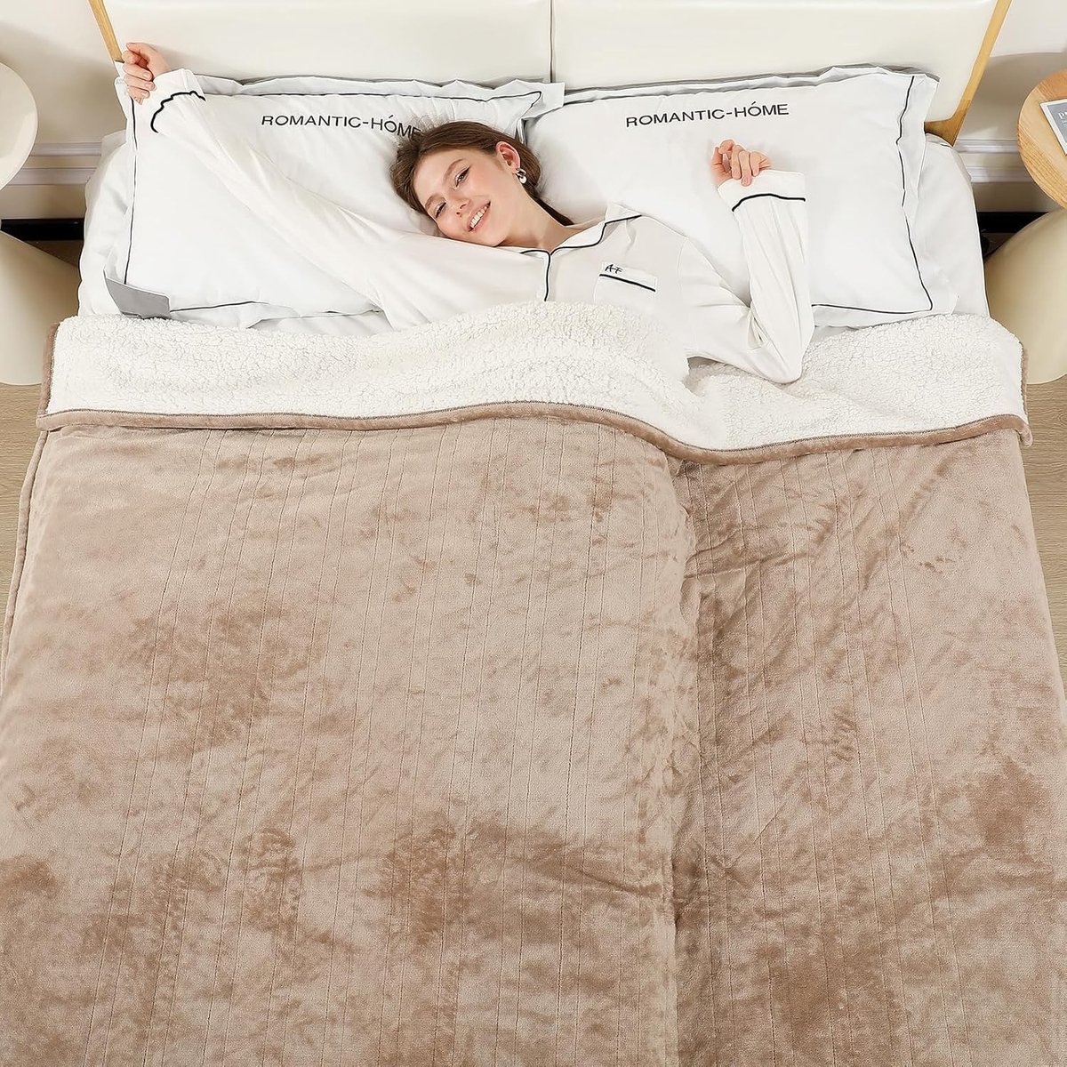 Infrarooddeken - Grijs - 200 x 150 cm - Flanel en Sherpa - Luxe Verwarmde Deken voor Groot Bed
