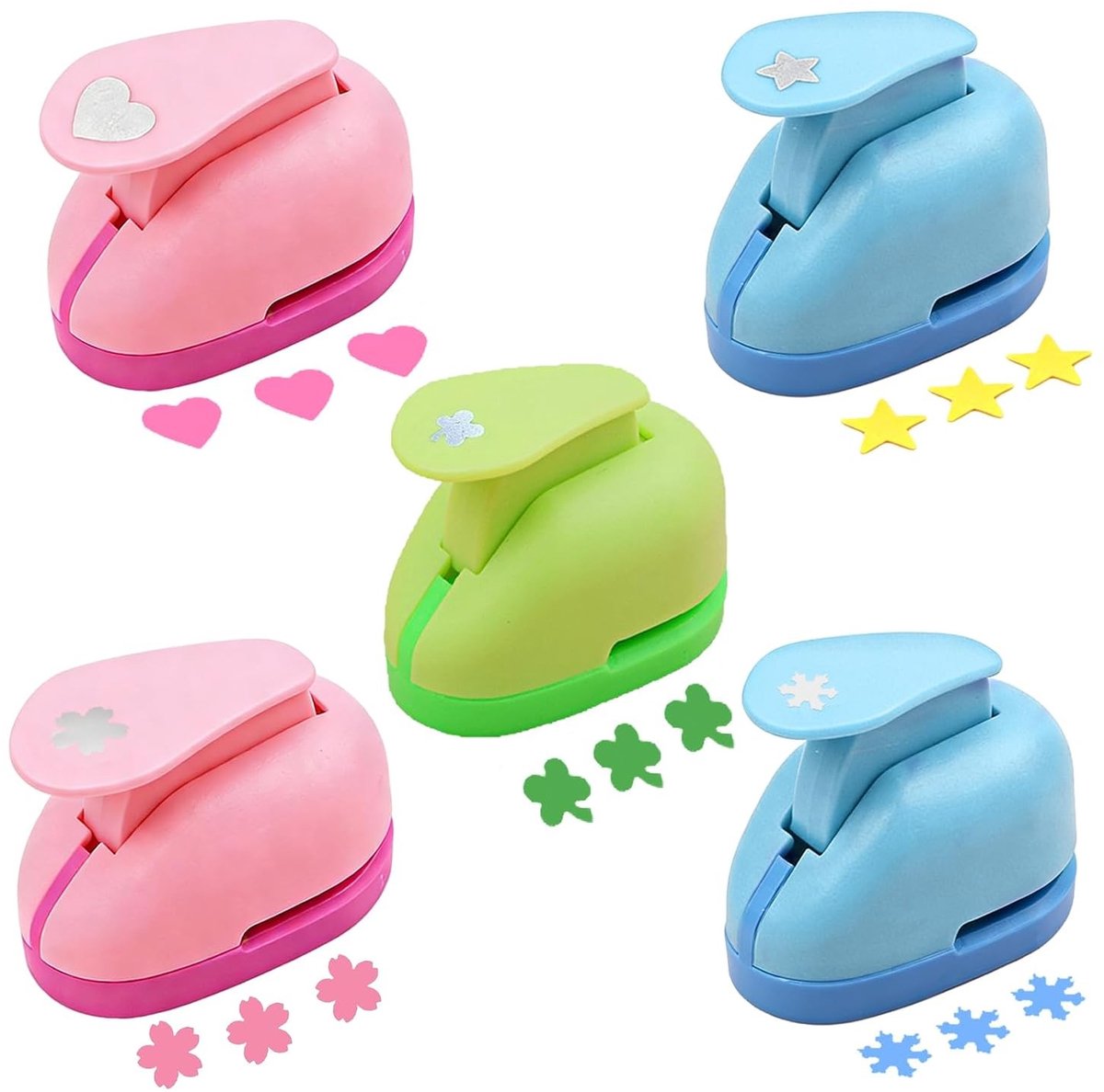 Papierstansset met 5 motieven voor kinderen - Hart, Sneeuwvlok, Ster, Klavertje Vier en Kersenbloesem voor Scrapbooking en Creatief Handwerk