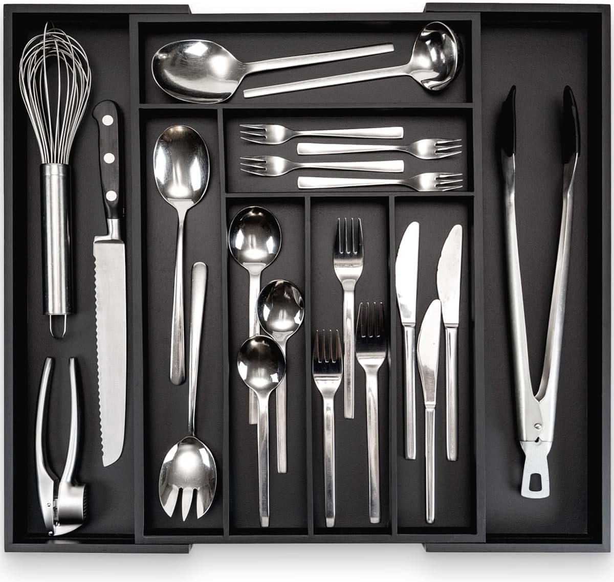 Bestekbak voor 114 delen - Zwart - 45 cm - Bamboe Uittrekbare Keukenlade-organizer - Voor Keukengerei