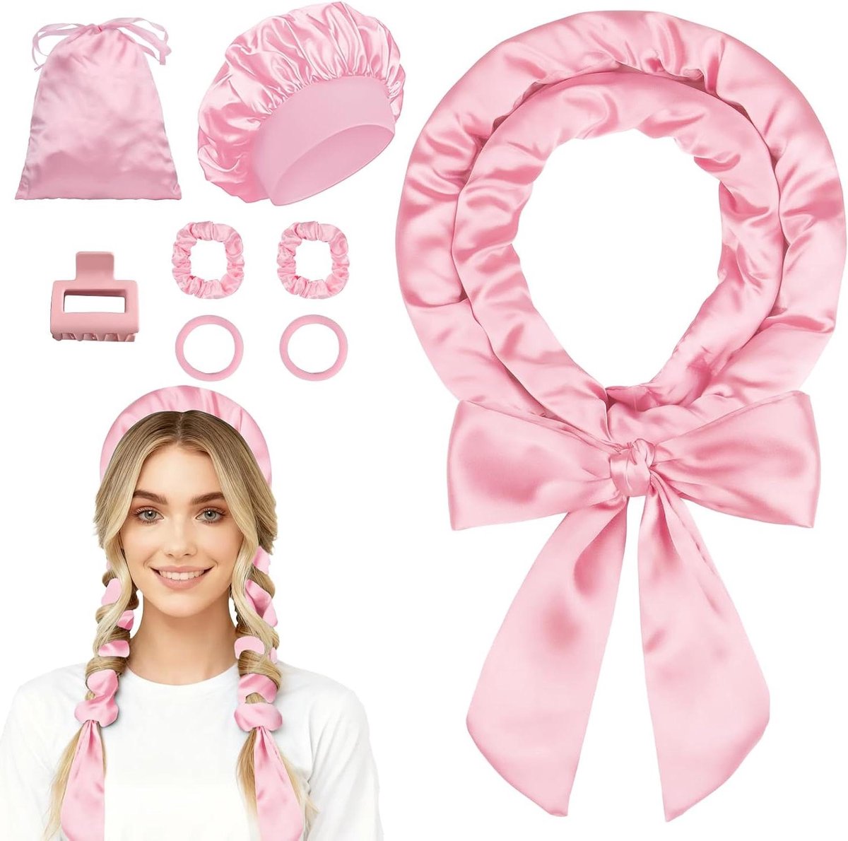 Krulband zonder Hitte - Satijnen Krulset - Natuurlijke Krullen Maken - Zacht Satijn Materiaal - 180 cm - Roze
