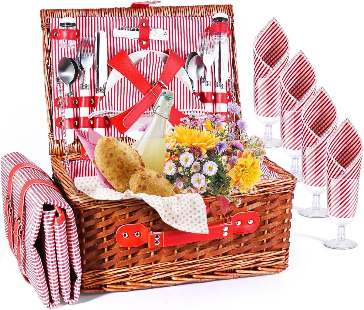Picknickrugzakset - Rood - Voor 4 Personen - Wilgentenen Mand met Waterdichte Picknickdeken en Bestek - Voor Camping en Buiten