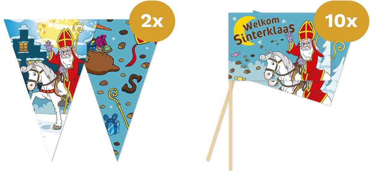 Sinterklaas Versiering Vlaggenpakket Klein - 2x Vlaggenlijn 10m & 10x Zwaaivlaggetjes - Raam & Balkon Decoratie
