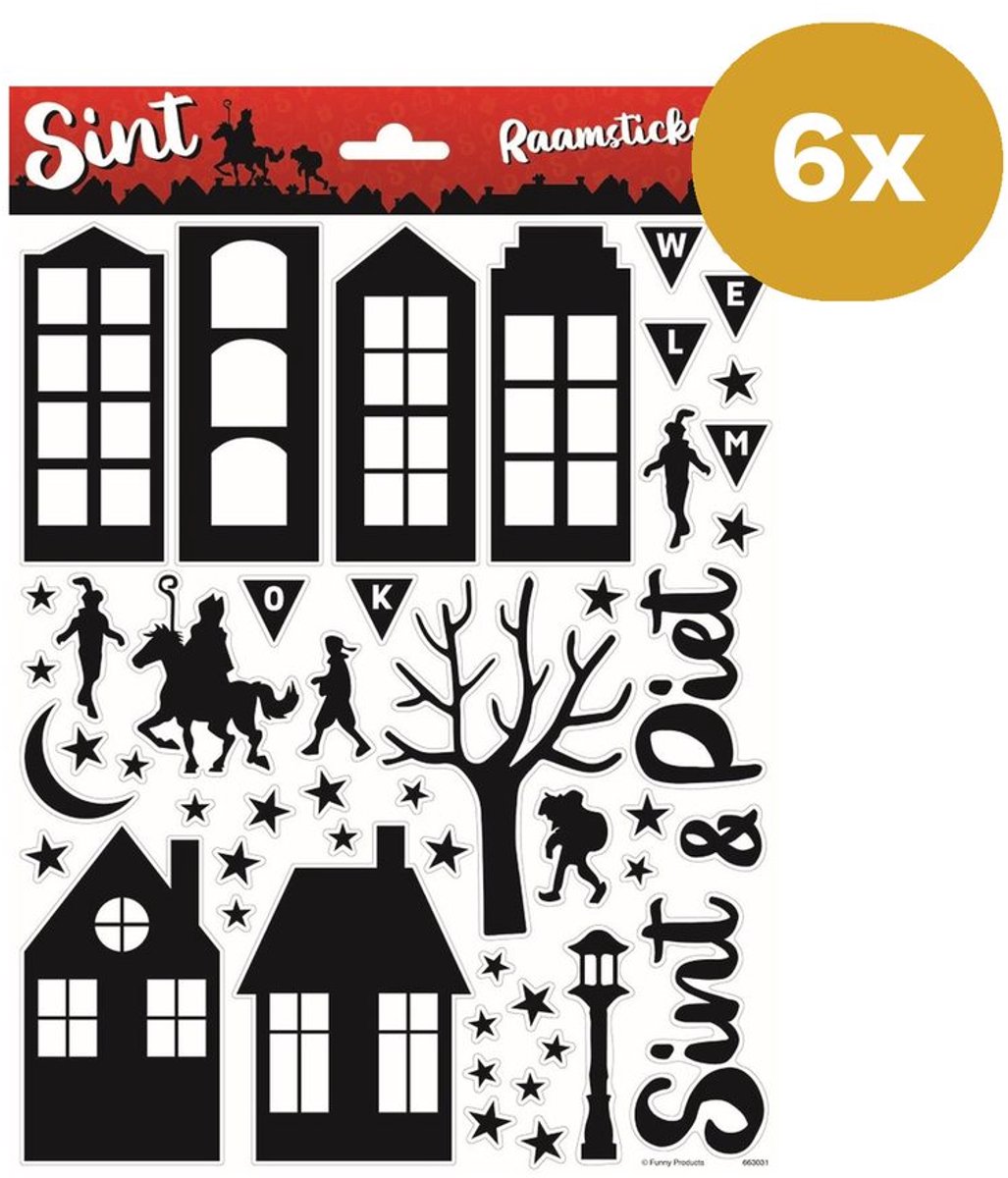 6x Sinterklaas Raamstickers A4 - Sint & Piet Silhouet Raamdecoratie - Herbruikbare Raamstickers