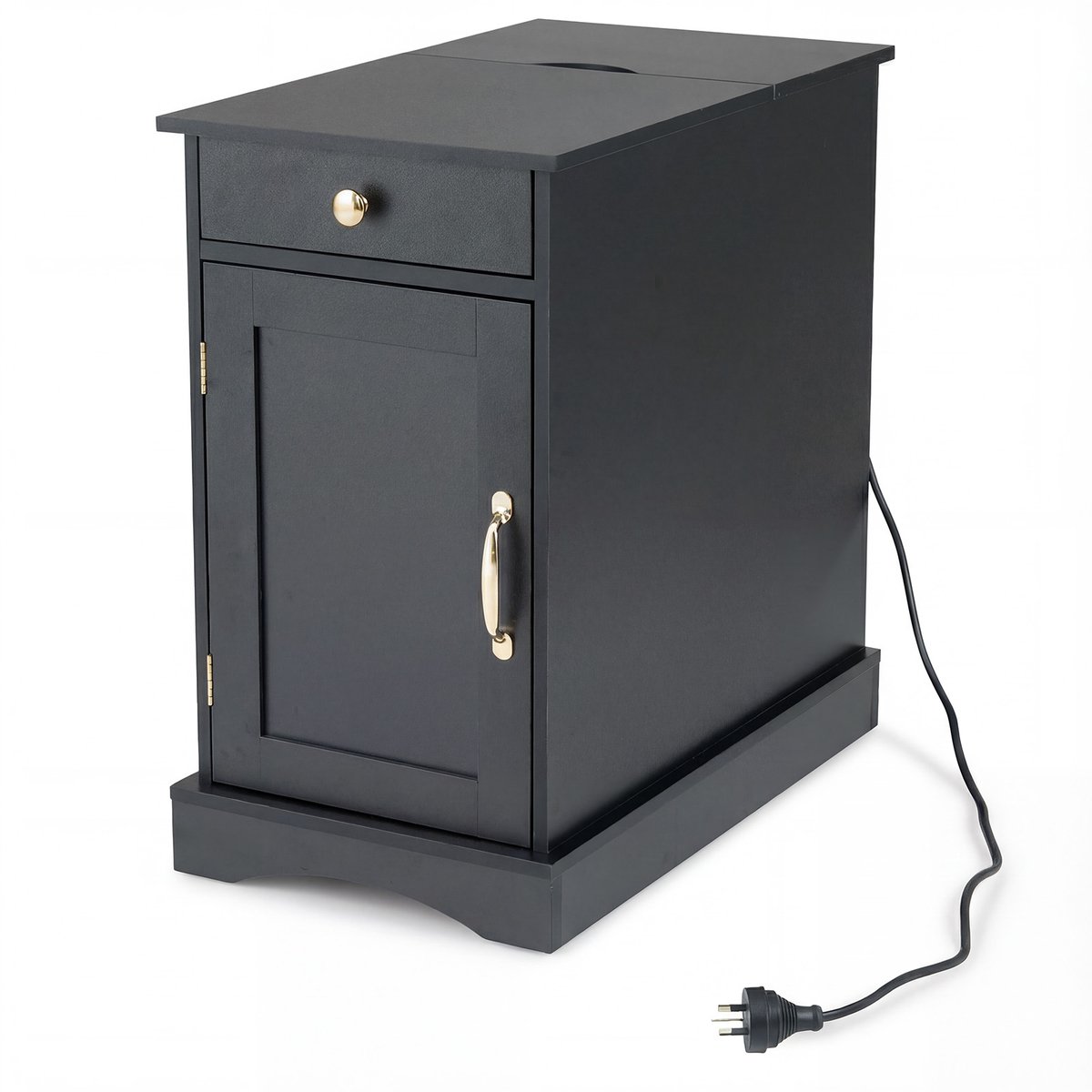 COSTWAY Bijzettafel met laadstation, nachtkastje met verstelbaar schap, kast, lade en uitneembaar dienblad, houten nachtkastje, banktafel voor woonkamer, slaapkamer (Zwart)