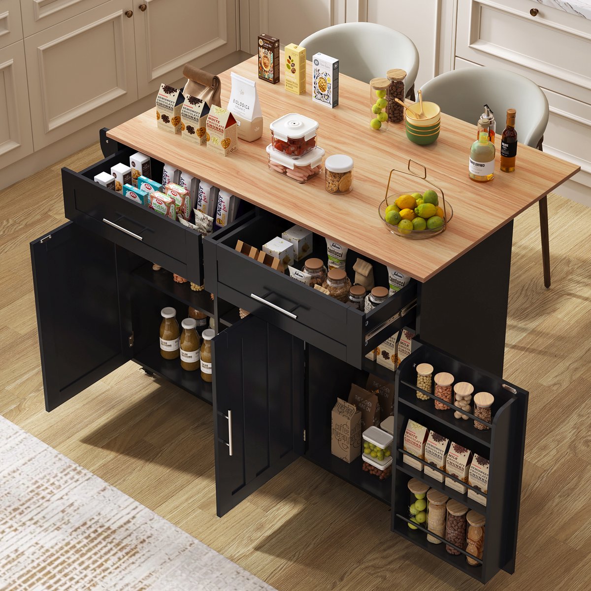 Keuken Eilandwagen – Inklapbaar Werkblad – 129 x 46 x 91,5 cm – MDF – Zwart Naturel – Op Wielen Voor Keuken