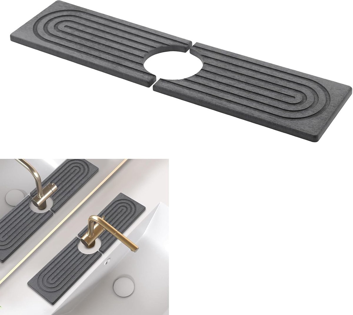 Roestvrijstalen keuken-gootsteen - Donkergrijze waterabsorberende steen - 40 x 10 cm - Kiezelgoer afdruipmat - Voor keuken en badkamer