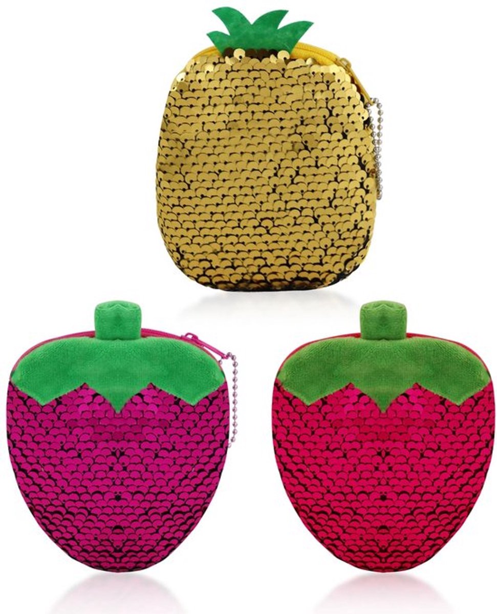 3 stuks damesportemonnee, klein, leuk fruitpatroon, kleine portemonnee met ritssluiting, pailletten, mini-portemonnee voor reizen, werken, winkelen, rood, roze en geel, Small, Schattig