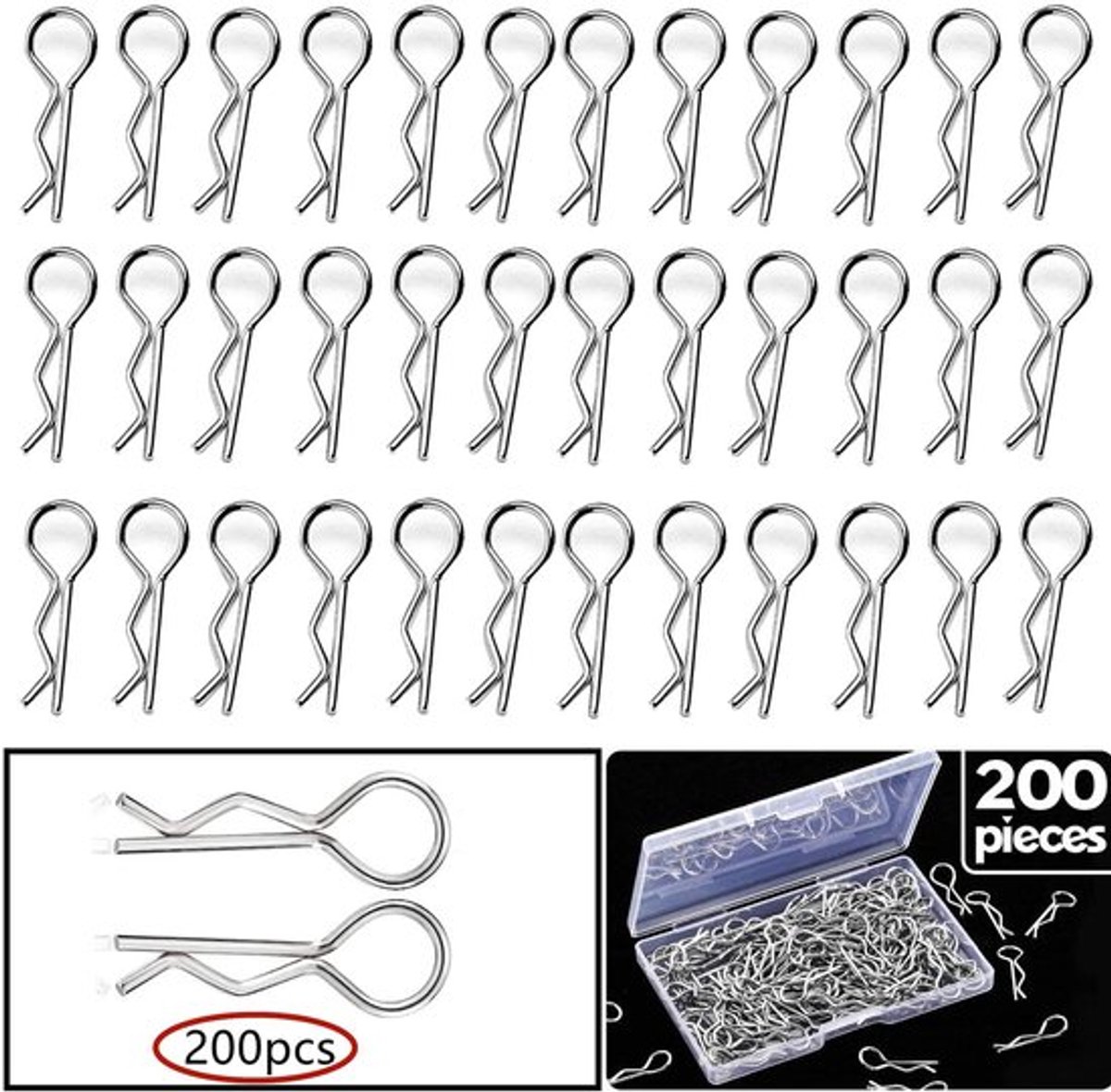 Body Clip 200 Stuks - Roestvrij Staal - Universele 1/10/1/12 RC Auto - Haarspeldtype - Lichtgebogen Ontwerp - Afmetingen 24,3 x 1,2 mm - RC Clips