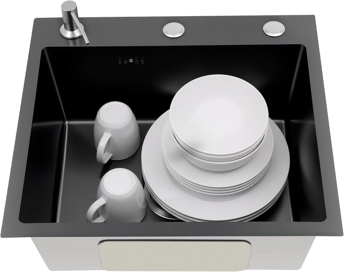 Spoelbak Roestvrij Staal - Keukengootsteen Inbouw - Keukenwerk Efficiënt - Met Zeepdispenser - 50 x 45 cm - Zwart