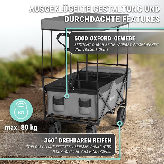 Opvouwbare bolderkar - Outdoor wagen - Familie uitstapjes - Met zonnedak - 80 kg draaglast - Grijs van Opvouwbare Bolderkar — afbeelding 5