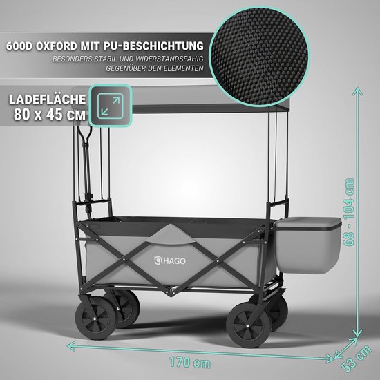 Opvouwbare bolderkar - Outdoor wagen - Familie uitstapjes - Met zonnedak - 80 kg draaglast - Grijs van Opvouwbare Bolderkar — afbeelding 2
